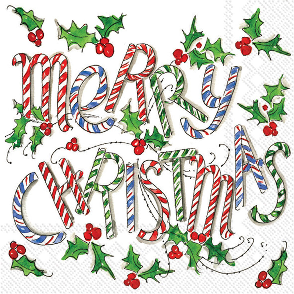 Merry Christmas in Candy Canes and holly on white  Decoupage Napkin