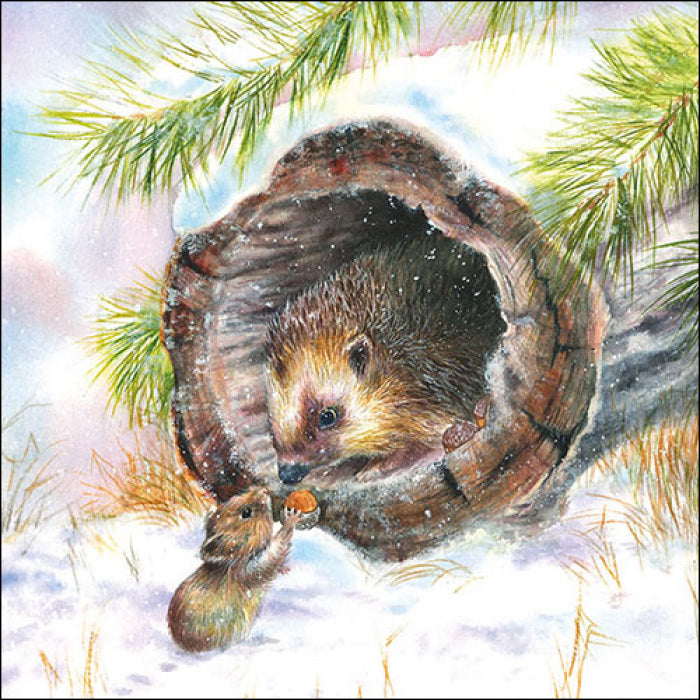 brown hedgehog in brown log in snow with little brown mouse holding an acorn  Decoupage Napkin