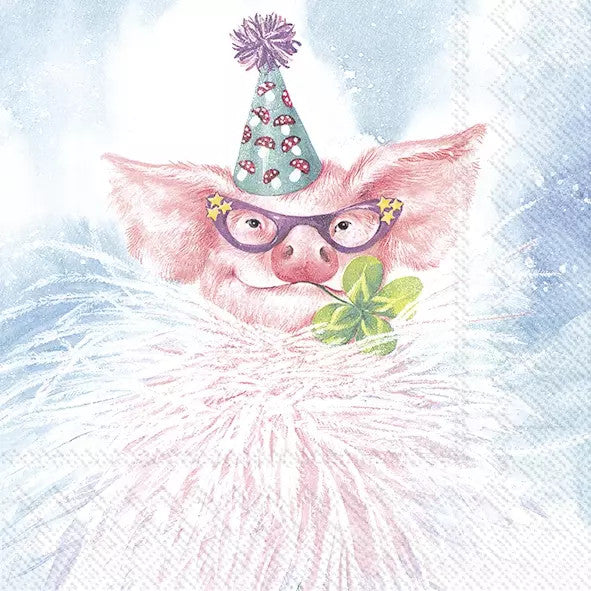 pink pig decked out in party garb with party hat and purple glases  Decoupage Napkin