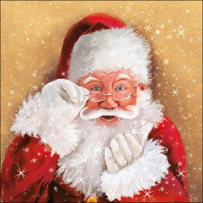 Santa with star sparkles and snow wearing glasses on gold  Decoupage Napkin