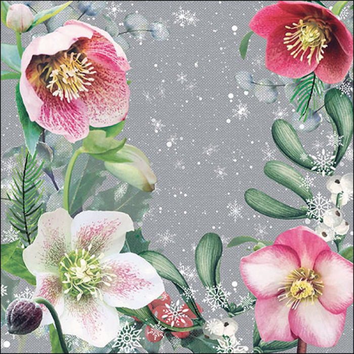 pink and purple blossoms in snow on grey  Decoupage Napkin