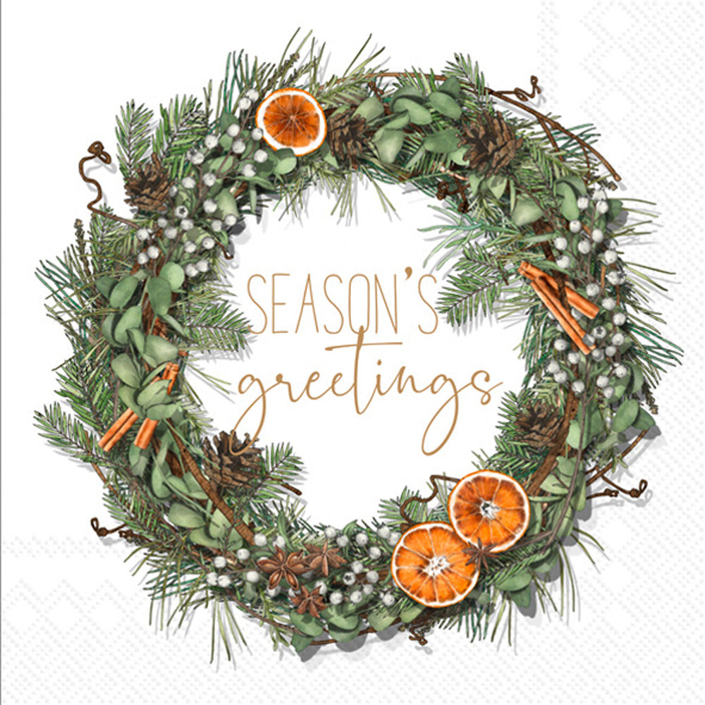 green wreath with orange slices with season greetings on white  Decoupage Napkin