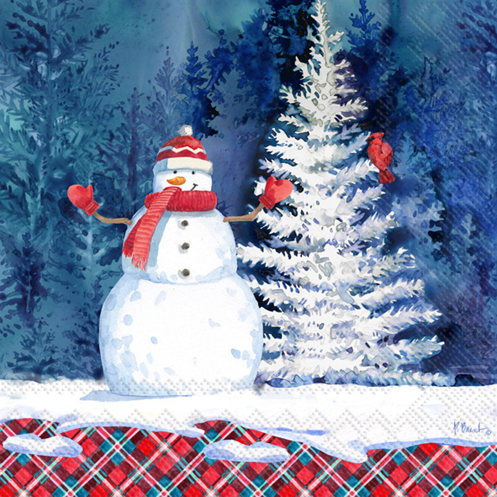 white snowman with red and white hat and scarf in the winter forest at night  Decoupage Napkin
