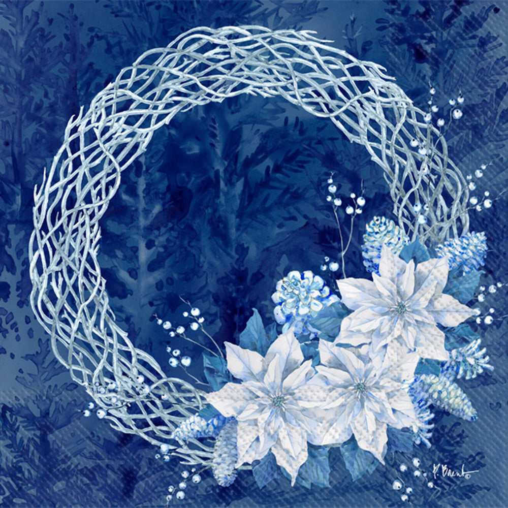 white wreath with white poinsettia on blue  Decoupage Napkin