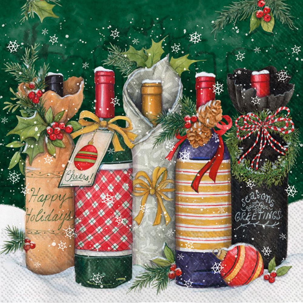 Wine bottles in front if green Christmas tree wrapped up with Christmas  ribbons  Decoupage Napkin