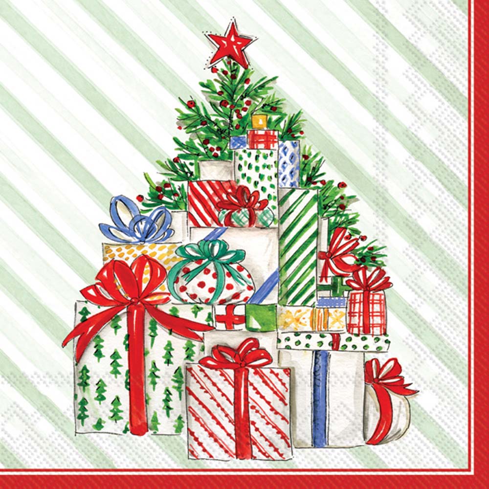 Christmas tree surrounded by Christmas presents on white and green striped  Decoupage Napkin