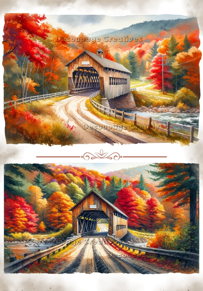 Images of wooden covered bridges in the Fall decoupage paper by Decoupage