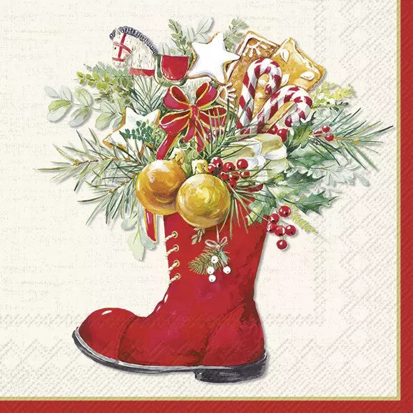 Red Santa boot filled with candy canes, holly and Christmas ornaments  Decoupage Napkin