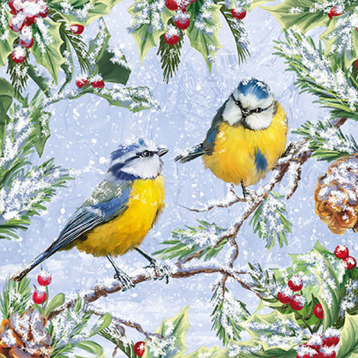 yellow and blue birds on holly leaves on blue  Decoupage Napkin