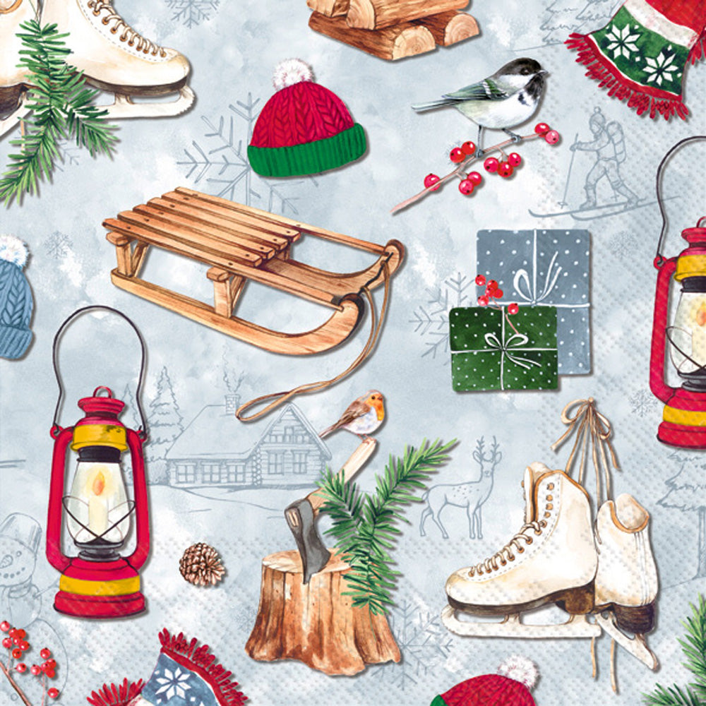 winter and christmas items like brown sled, red lantern, white skates, presents and snow scenes  Decoupage Napkin