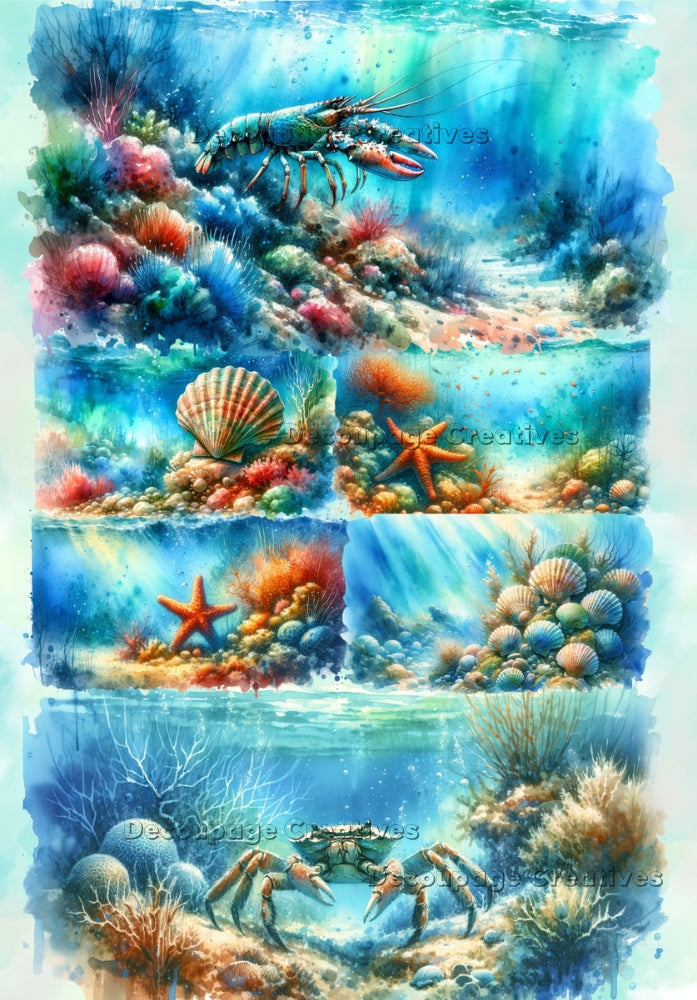blue scenes of aquatic crustaceans decoupage paper by Decoupage Creatives