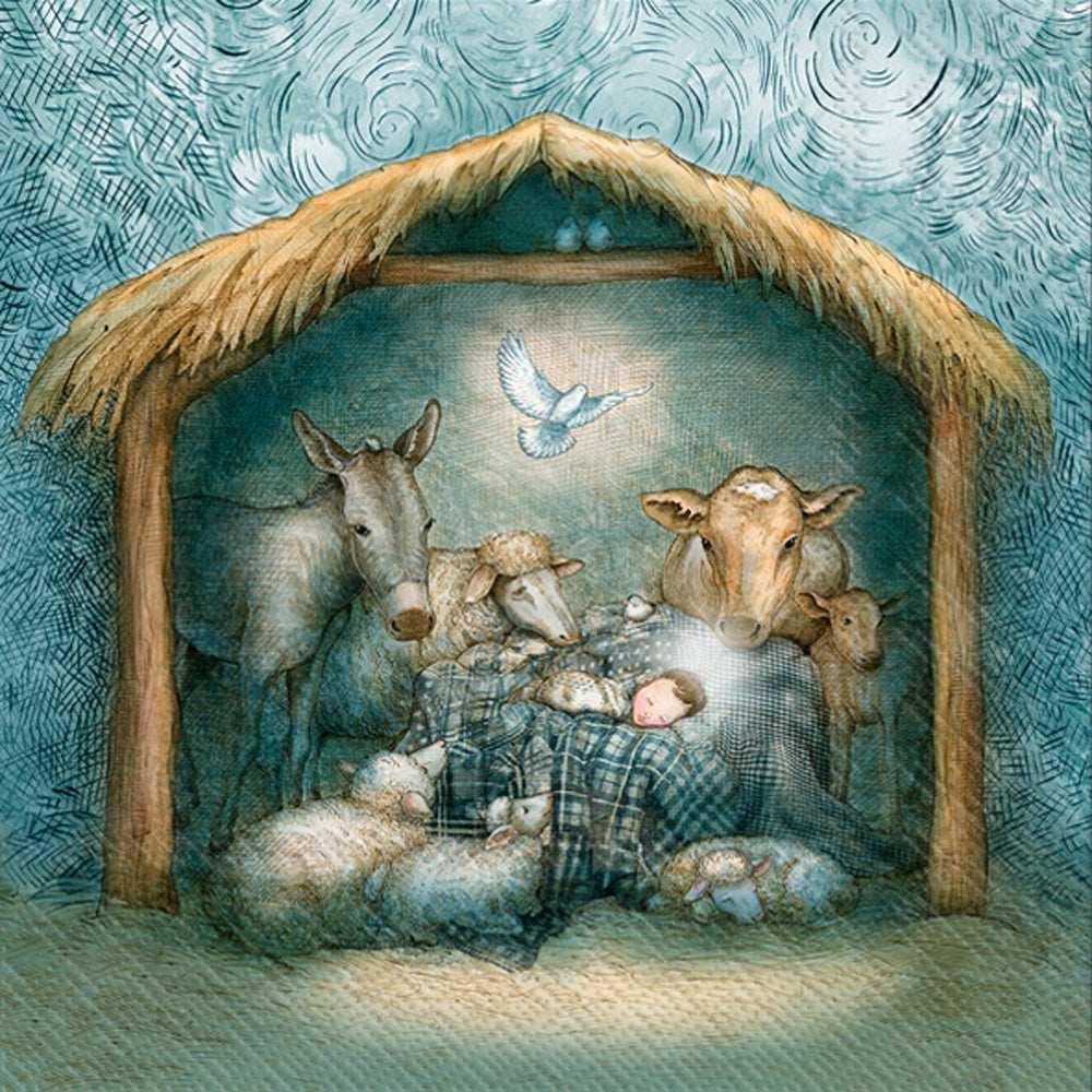 cute nativity scene at night with baby Jesus in a manger with sheep donkey cow and lambs  Decoupage Napkin
