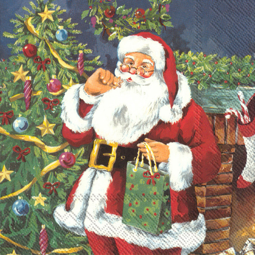 vintage santa by christmas tree holding green bag  Decoupage Napkin