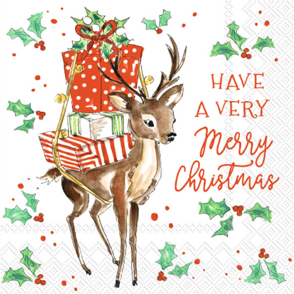 Cartoon deer with presents on its back with holly leaves and berries with Christmas wishes  Decoupage Napkin