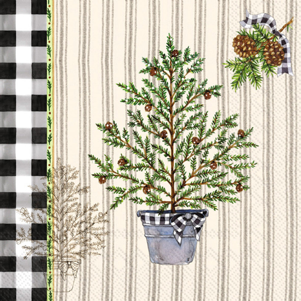 Twiggy Christmas tree in grey planter pot with gray plaid ribbon  Decoupage Napkin