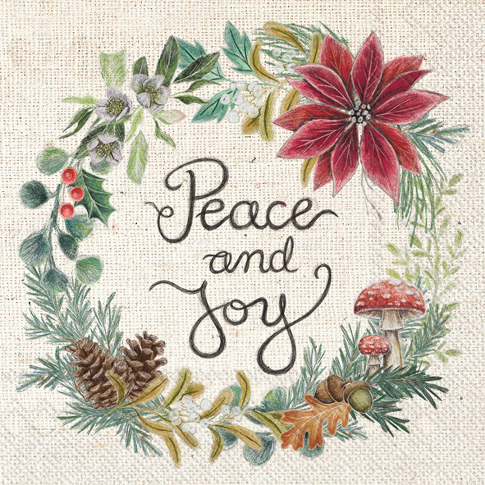 Peace and joy in black in a holly wreath with red berries and pine cones  Decoupage Napkin