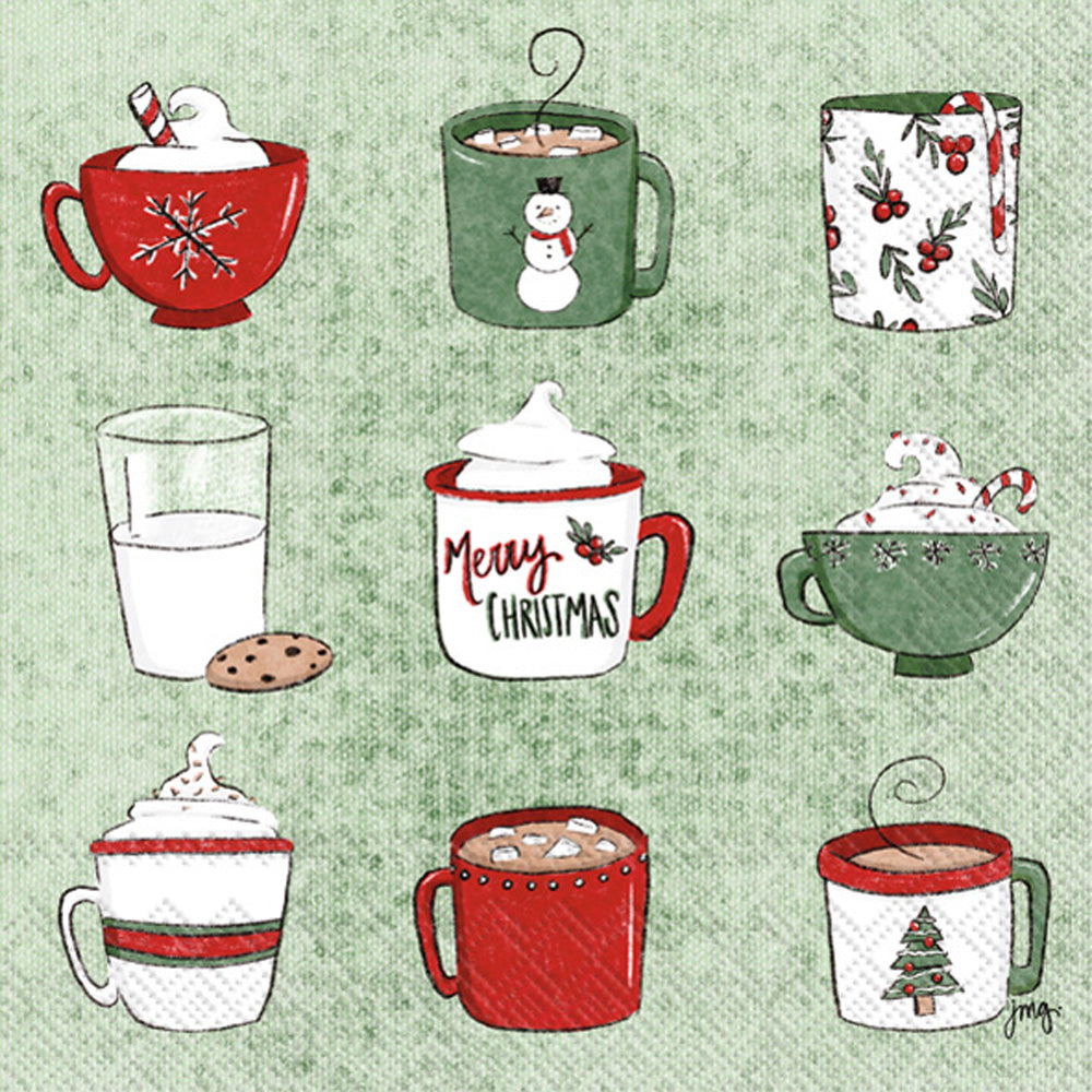 cartoon coffee mugs and hot chocolate and milk on green  Decoupage Napkin