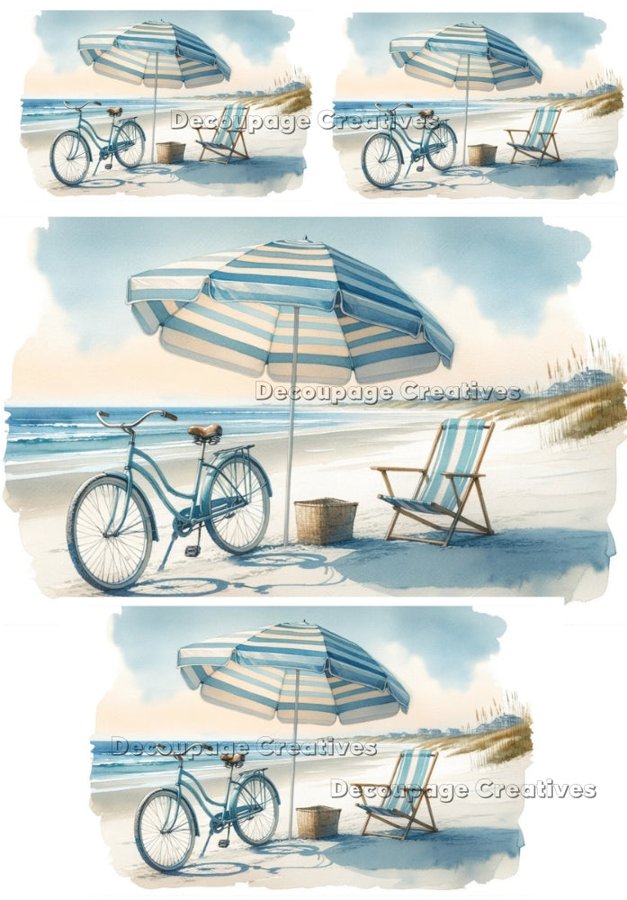 scenes of a beach bike and umbrella on the shore decoupage paper by Decoupage Creatives