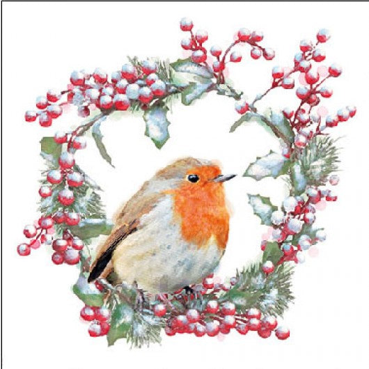 white belly robin in holly wreath with red berries Decoupage Napkin