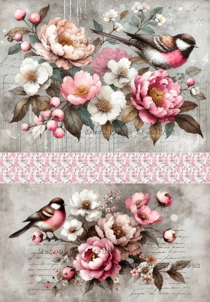 a pink bird on pink and white flowers decoupage paper by Decoupage Creatives