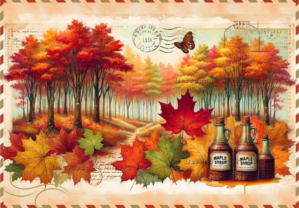 a postal motif autumn forest image with maple syrup bottles and butterfly decoupage paper by Decoupage Creatives
