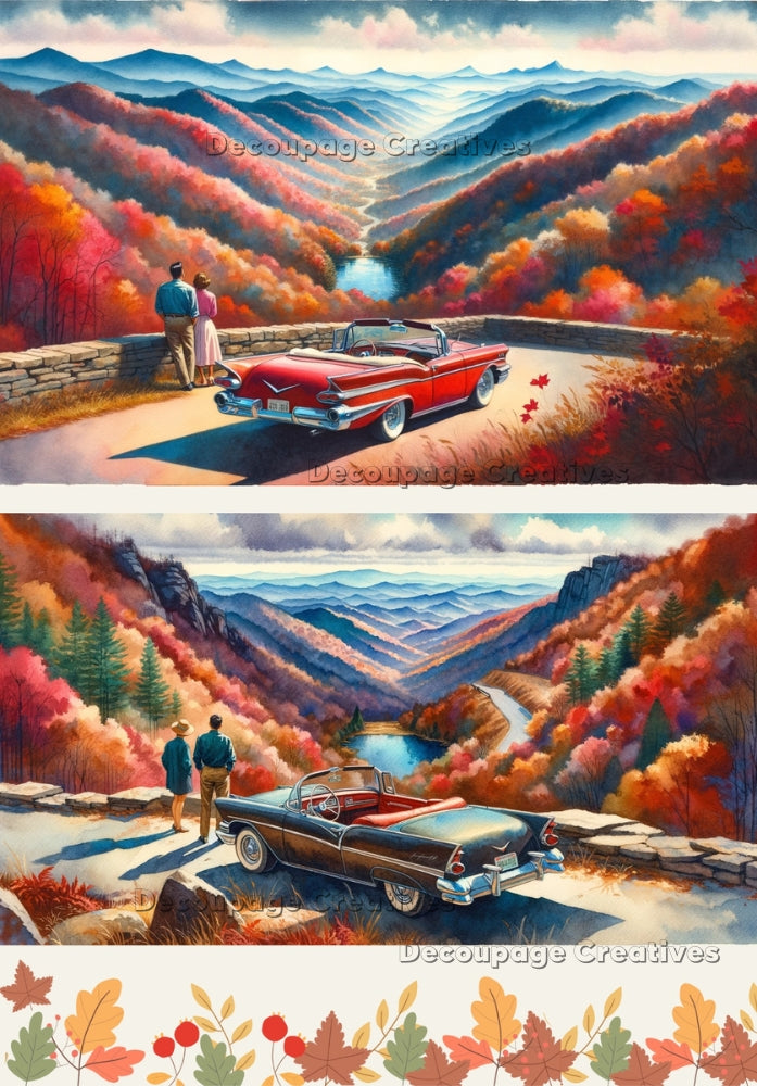 a vintage couple parked on the side of a mountain road looking at the fall colors decoupage paper by Decoupage Creatives
