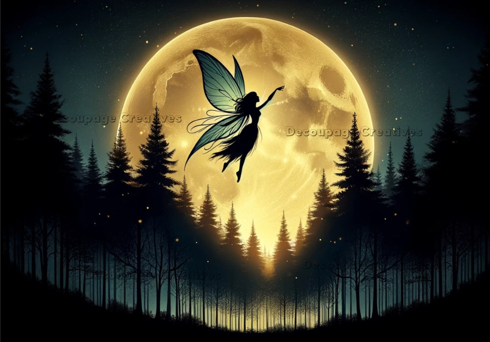 a fairy at night silhouetted in front of the Full moon by Decoupage Creatives