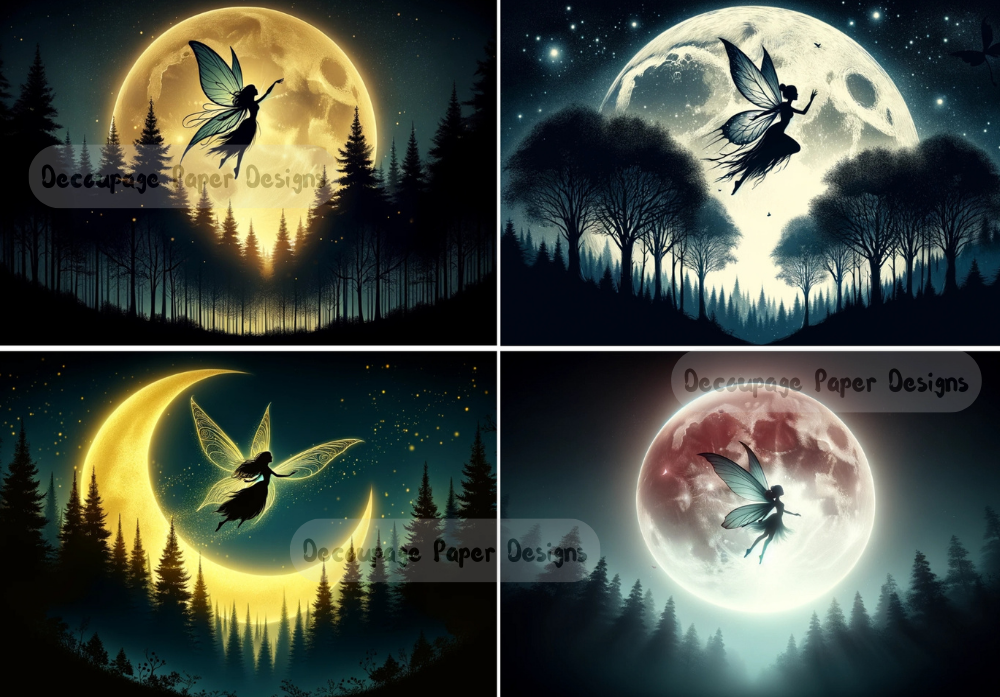 four scenes of fairs silhouetted in the night sky in front of the moon decoupage paper by Decoupage Paper Designs 