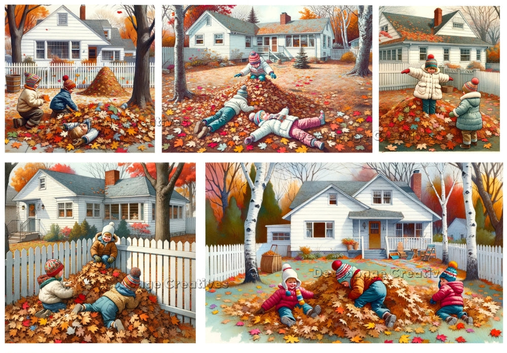 children in colorful winter clothes playing in the autumn leaf piles decoupage paper by Decoupage Creatives