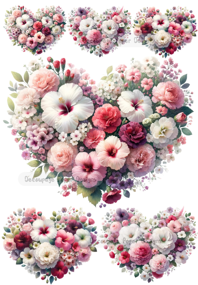 heart shaped pink and white flower bouquet decoupage paper by Decoupage Paper Designs