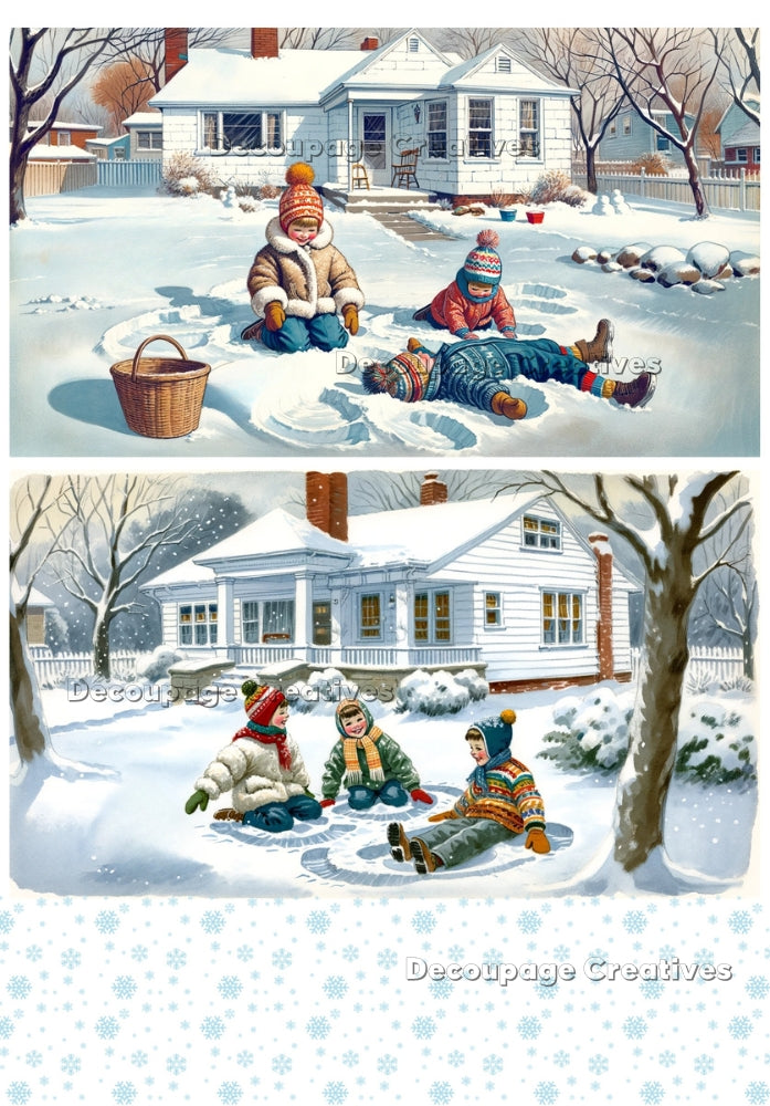 Three children colorful winter clothes making snow angels in the snow decoupage paper by Decoupage Creatives