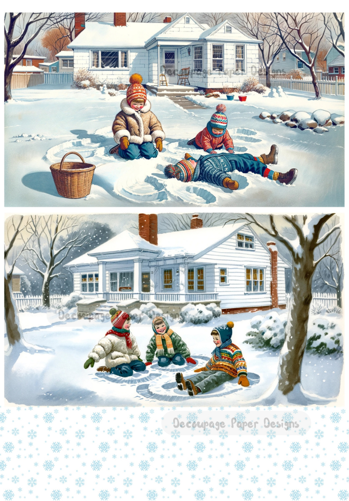 Three children colorful winter clothes making  snow angels in the snow decoupage paper by Decoupage Paper Designs