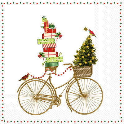 Gold bicycle with presents and small tree in basket. Quality European Decoupage Decorative Craft Paper Napkins. 3 ply. Ideal for Collage, Scrapbooking.