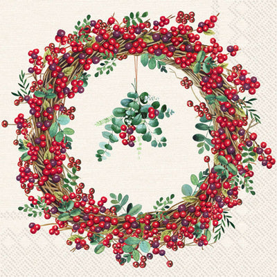 Red berries wreath Quality European Decoupage Decorative Craft Paper Napkins. 3 ply. Ideal for Collage, Scrapbooking.