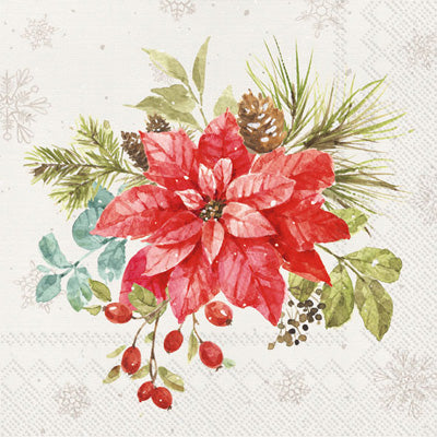 Red poinsettia berries and pine Quality European Decoupage Decorative Craft Paper Napkins. 3 ply. Ideal for Collage, Scrapbooking.