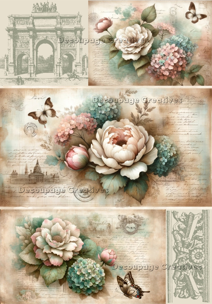 vintage pink flowers on postal paper with scenes of paris decoupage paper by Decoupage Creatives