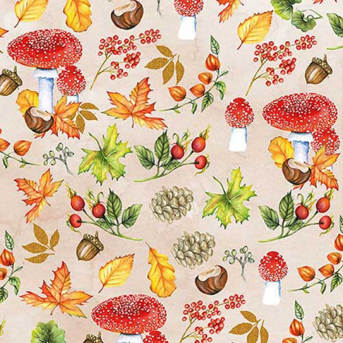 Orange, brown, green-Fall leaves, mushrooms, acorns and pine Quality European Decoupage Decorative Craft Paper Napkins. 3 ply. Ideal for Collage, Scrapbooking.