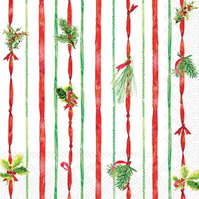 Red white striped and green pine Quality European Decoupage Decorative Craft Paper Napkins. 3 ply. Ideal for Collage, Scrapbooking.