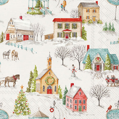 Village of church, houses and horses in snow. Quality European Decoupage Decorative Craft Paper Napkins. 3 ply. Ideal for Collage, Scrapbooking.