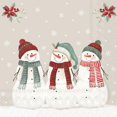 3 snowmen in red green scarves. Quality European Decoupage Decorative Craft Paper Napkins. 3 ply. Ideal for Collage, Scrapbooking.
