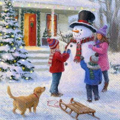 3 children decorating snowman with dog Quality European Decoupage Decorative Craft Paper Napkins. 3 ply. Ideal for Collage, Scrapbooking.