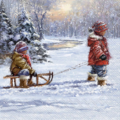 2 children on sled in snow Quality European Decoupage Decorative Craft Paper Napkins. 3 ply. Ideal for Collage, Scrapbooking.