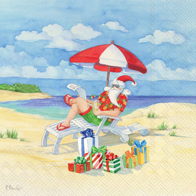 Santa on beach under red white umbrella. Quality European Decoupage Decorative Craft Paper Napkins. 3 ply. Ideal for Collage, Scrapbooking.