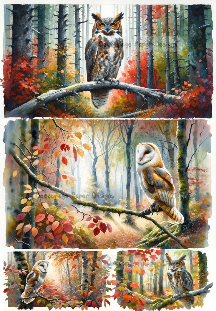 owls on branches in an autumn forest  decoupage paper by Decoupage Paper Designs