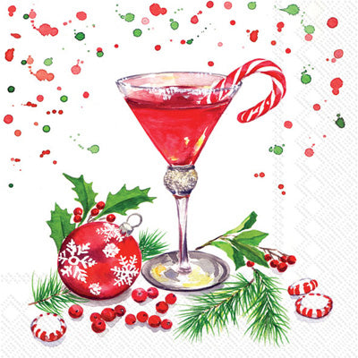 Red cocktail with candy cane & greenery. Quality European Decoupage Decorative Craft Paper Napkins. 3 ply. Ideal for Collage, Scrapbooking.