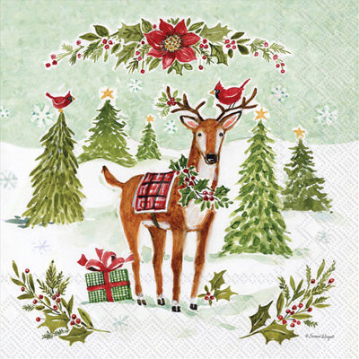 Reindeer in snow with green trees Quality European Decoupage Decorative Craft Paper Napkins. 3 ply. Ideal for Collage, Scrapbooking.