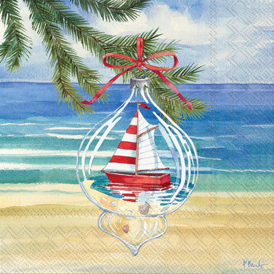 Red sailboat tree ornament Quality European Decoupage Decorative Craft Paper Napkins. 3 ply. Ideal for Collage, Scrapbooking.
