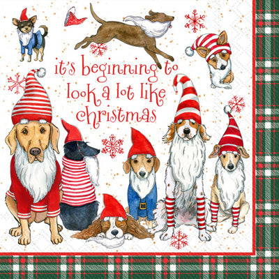 Dogs in red white Christmas hats. Quality European Decoupage Decorative Craft Paper Napkins. 3 ply. Ideal for Collage, Scrapbooking.