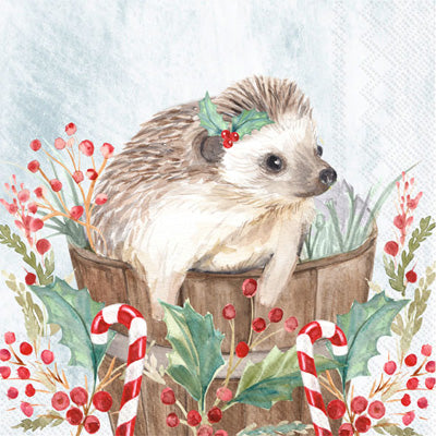 Brown hedgehog in bucket with berries. Quality European Decoupage Decorative Craft Paper Napkins. 3 ply. Ideal for Collage, Scrapbooking.