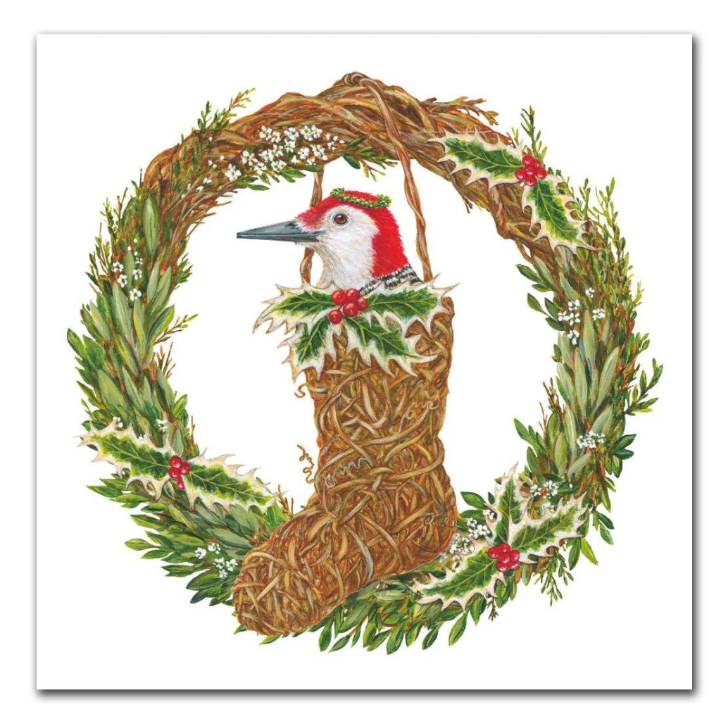 Red  bird in stocking on wreath. Quality European Decoupage Decorative Craft Paper Napkins. 3 ply. Ideal for Decoupage Paper for Collage, Scrapbooking.